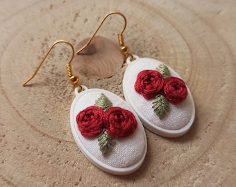 Red Rose Dangle Earrings || Hand Embroidered Jewelry, Rose Cottagecore Earrings, Small Floral Fairycore Earrings, Elegant Wedding Earrings