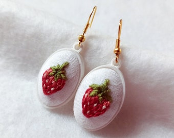 Strawberry Earrings, Cottagecore Dangle Earrings, Handmade Embroidered Earrings, Cottagecore Earrings, Fruit Berry Earrings, Kawaii Jewelry