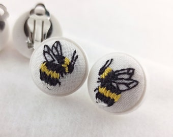 Bumble Bee Earrings, Cottagecore Clip-on Earrings, Embroidered Handmade Earrings, Bumblebee Jewelry, Bug Earring, Save the Bees gift for her