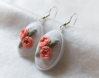 Peach Rose Dangle Earrings || Hand Embroidered Earrings, Cottagecore Earrings, Flower Earrings, Fairycore Jewelry, Romantic Academia Style