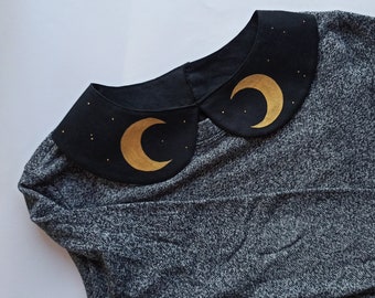 Collier détachable avec croissant de lune et étoiles, peint à la main - Dark Cottagecore Fashion, Witchy Aesthetics, Goth Cottagecore Peter Pan Collar