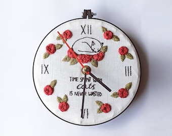 Cat and Roses Hand Embroidered Wall Clock, Silent Non-Ticking Clock, Handmade Embroidery in Hoop, 15cm, Modern Cottage and Vintage Aesthetic