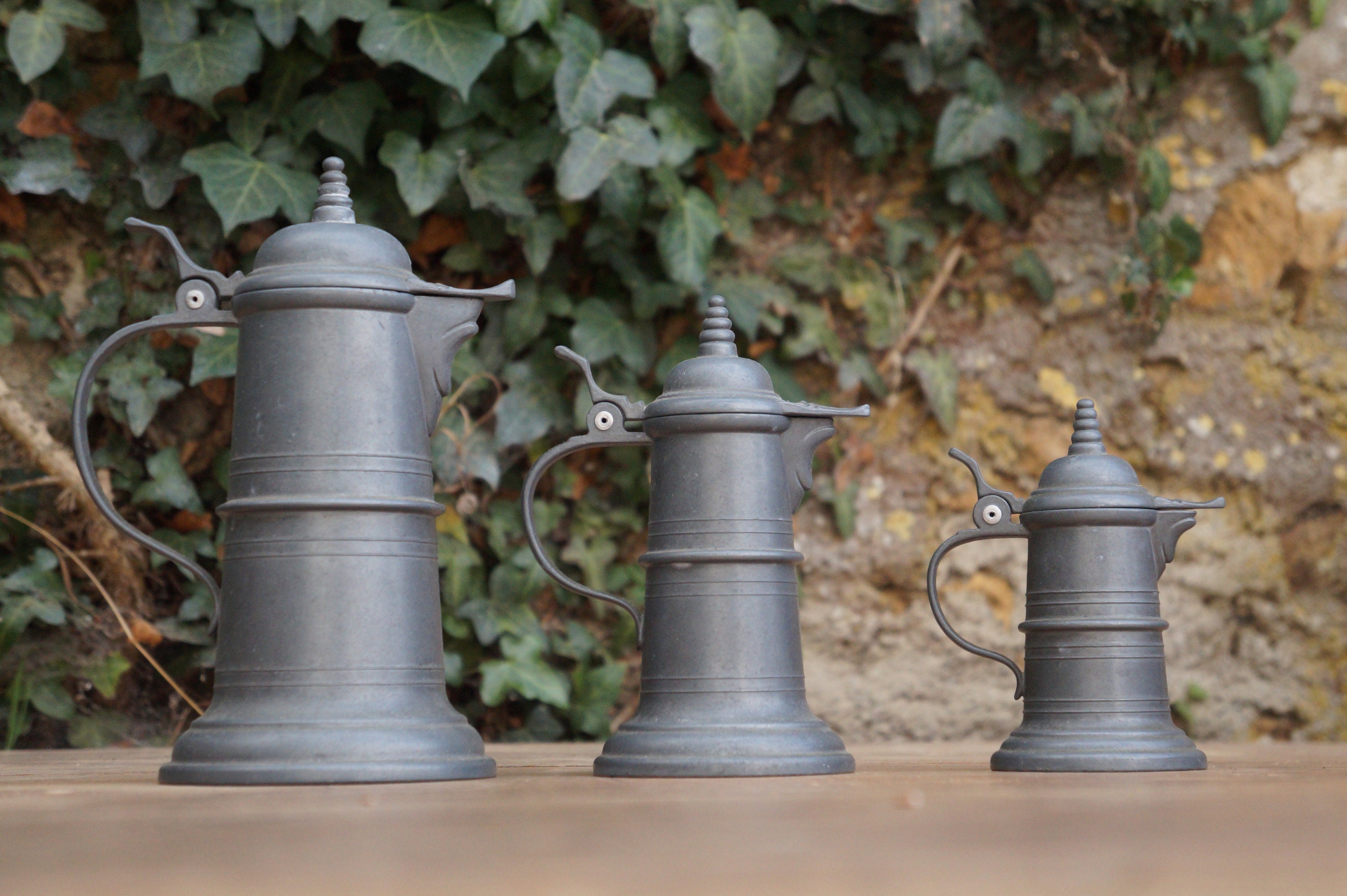 Set Of Three Authentic French Zinc Beer Jugs