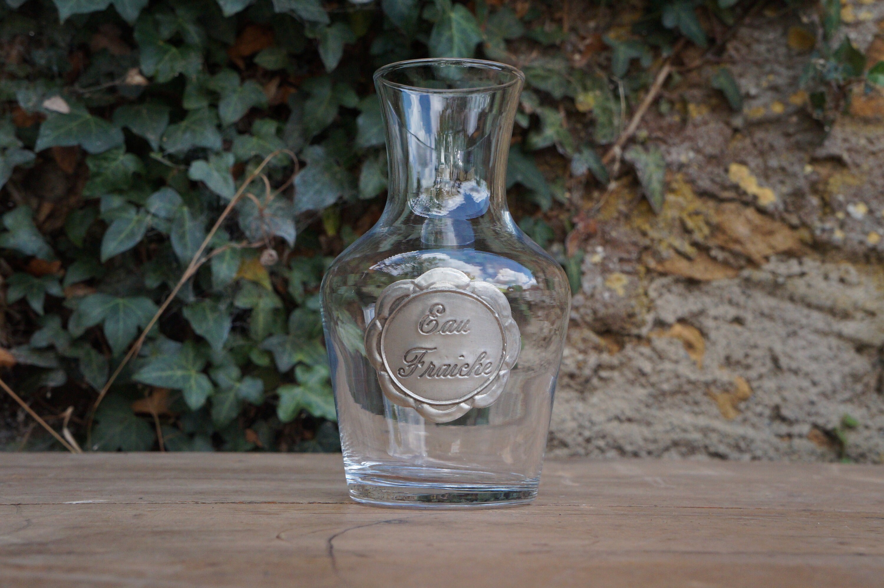 French Glass Water Jug With Hand Engraved Pewter
