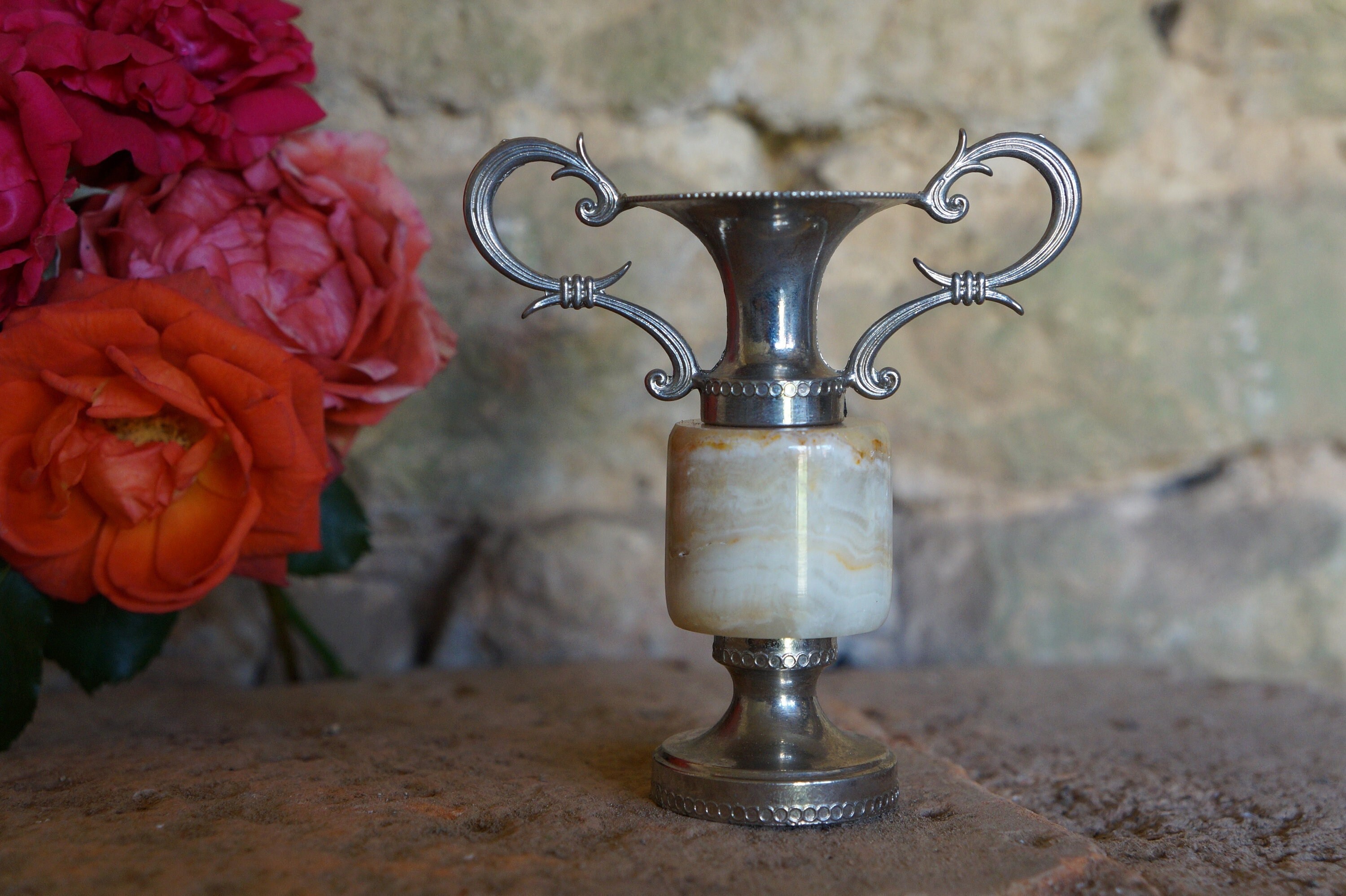 Old Small Slightly Elongated Candlestick With Two Handles in Polished Alabaster & Silver Metal