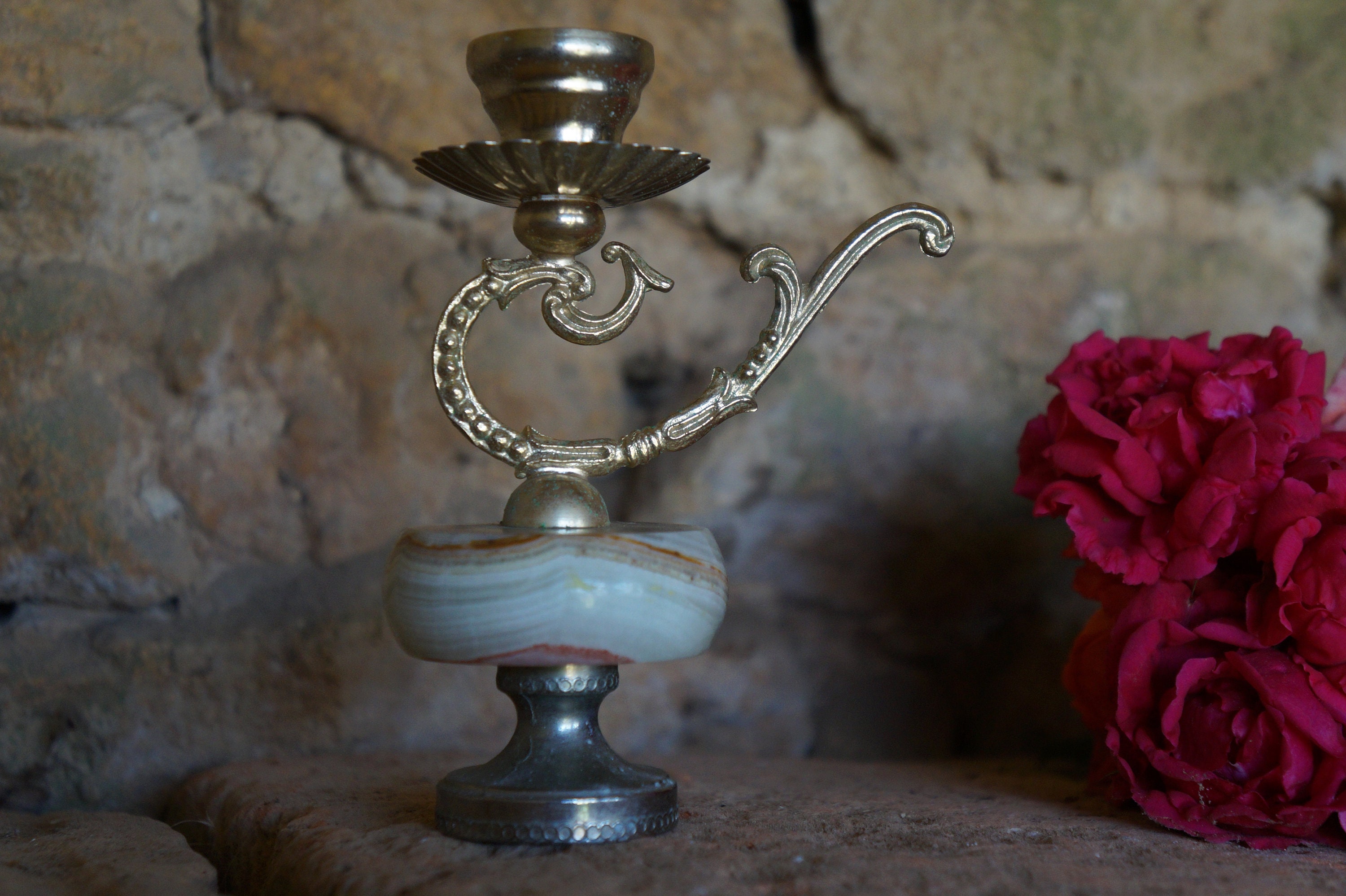 Candlestick Carved in Alabaster & Metal