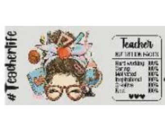 May include: A rectangular graphic with the text "#Teacherlife" on the left. The image shows a cartoon teacher with glasses and a bun, and a list of teacher qualities. The word "Teacher" is also visible.