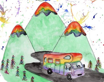 May include: A watercolor illustration of a rainbow camper van driving on a winding road through green mountains with a rainbow at the peak. The text "Life is about making memories" is at the top of the image and "Travelling Journal" is at the bottom.