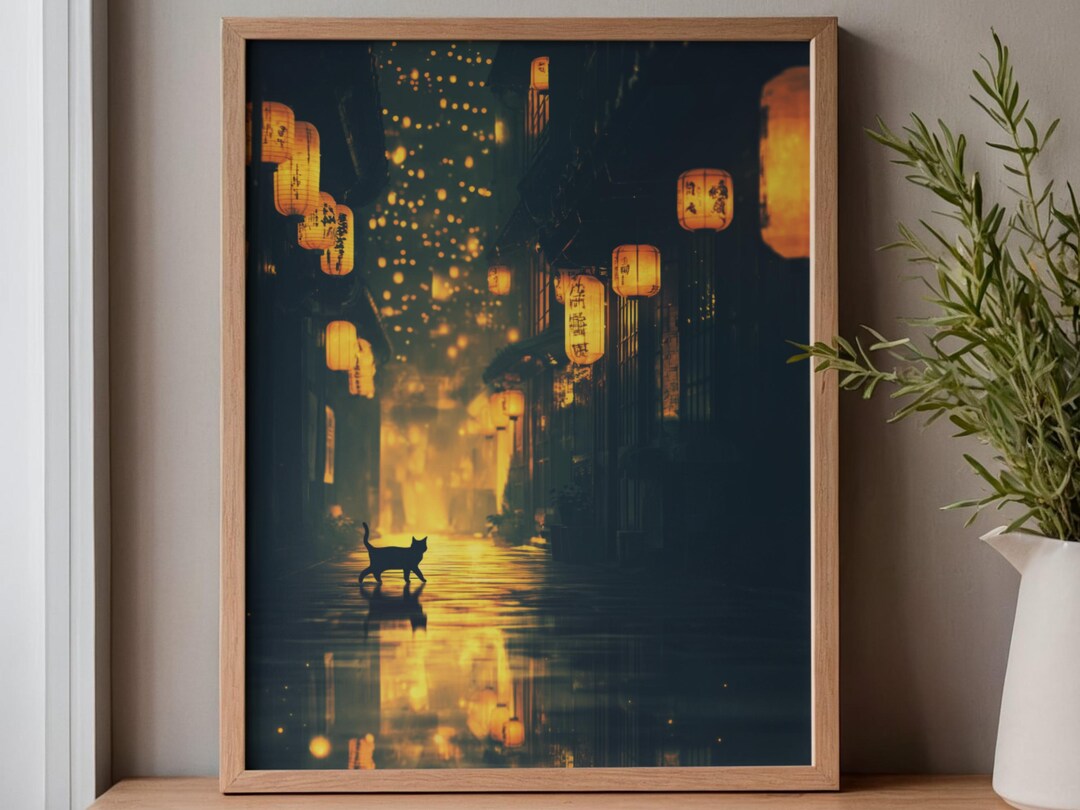 Black Cat Lantern Street Wall Art – Japanese Night Alley Print, Glowing ...