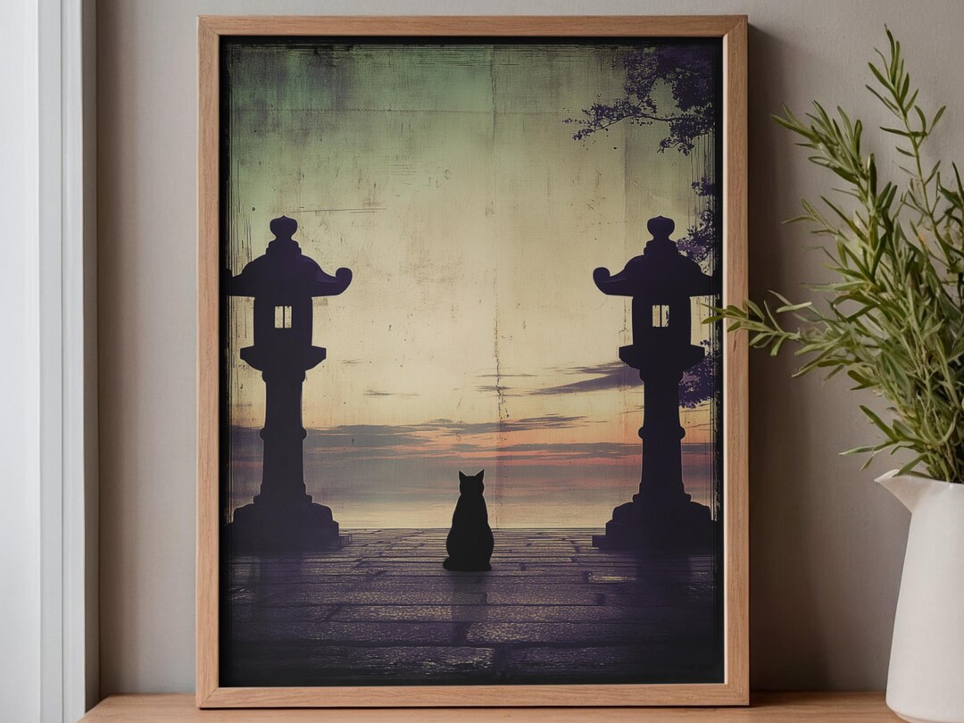 Japanese Inspired Temple - Black Cat Lantern Wall Art Print, Minimalist ...