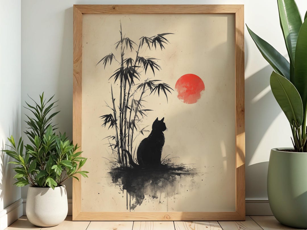 Japanese Bamboo Cat Wall Art – Red Sun Zen Print, Minimalist Home Decor ...