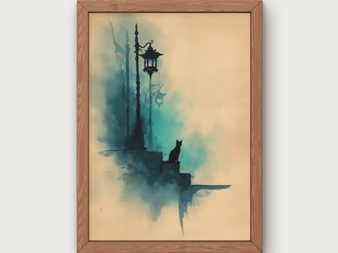 Black Cat Lantern Wall Art – Japanese Inspired Minimalist Cat Print ...