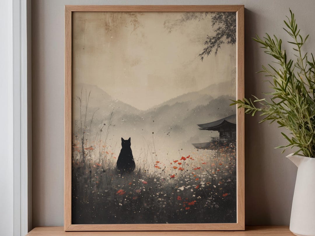 Minimalist Black Cat Wall Art – Japanese Inspired Misty Mountain ...