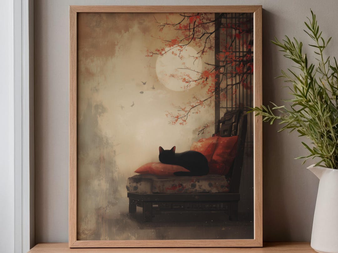 Black Cat Wall Art Poster – Japanese Moonlit Window Scene, Cozy Dreamy ...