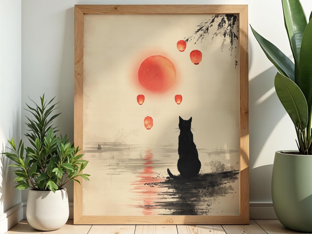 Black Cat Lantern Print – Japanese Sun Reflection, Minimalist Zen ...