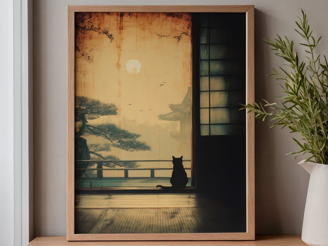 Black Cat Shoji Window Print – Misty Moon Pagoda Scene, Japanese Zen ...