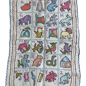 Hand-embroidered folk art ABC alphabet wall hanging tapestry | namda wall rug made in Kashmir