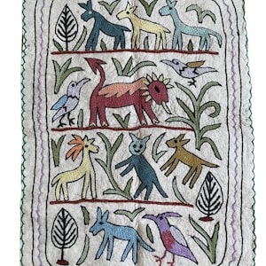 Hand-embroidered folk art animal jungle wall hanging tapestry | namda wall rug made in Kashmir