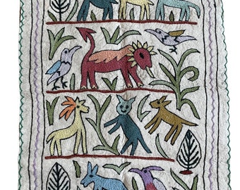 Hand-embroidered folk art animal jungle wall hanging tapestry | namda wall rug made in Kashmir