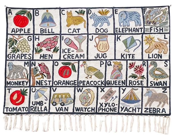 Tapisserie Murale Enfantine ABC Alphabet Brodé Main - Laine - Vintage/ Retro 60x90cm