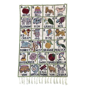 Handmade alphabet ABC wall hanging tapestry with lilac tones |  Satsar