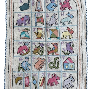 Hand-embroidered folk art ABC alphabet wall hanging tapestry | namda wall rug made in Kashmir