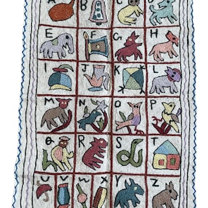 Hand-embroidered folk art ABC alphabet wall hanging tapestry | namda wall rug made in Kashmir