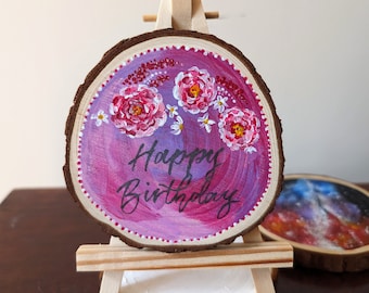 Happy birthday handpainted wooden slice coaster floral pink flowers roses unique post envelope personal floral card alternative friend mum