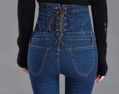 High Waist Denim Pencil Pants - Buttoned and Laced High Waist Slim Jeans