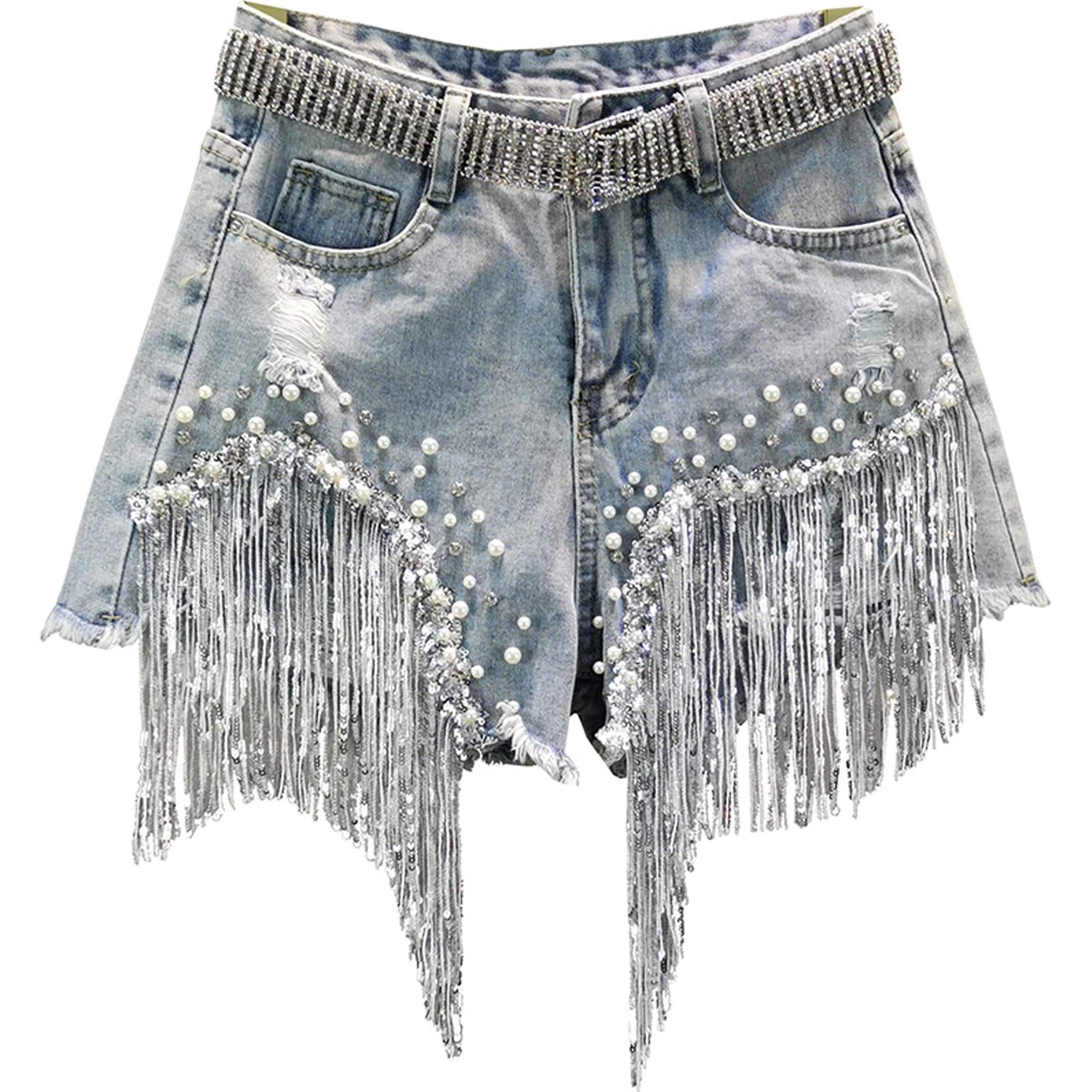 Women's Luxury Rhinestone Tasseled Denim Shorts 2021 Etsy