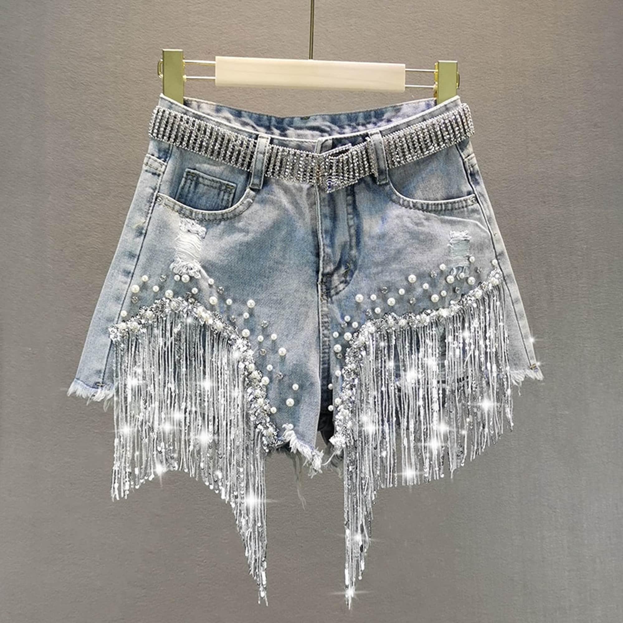 Women's Luxury Rhinestone Tasseled Denim Shorts 2021 Etsy