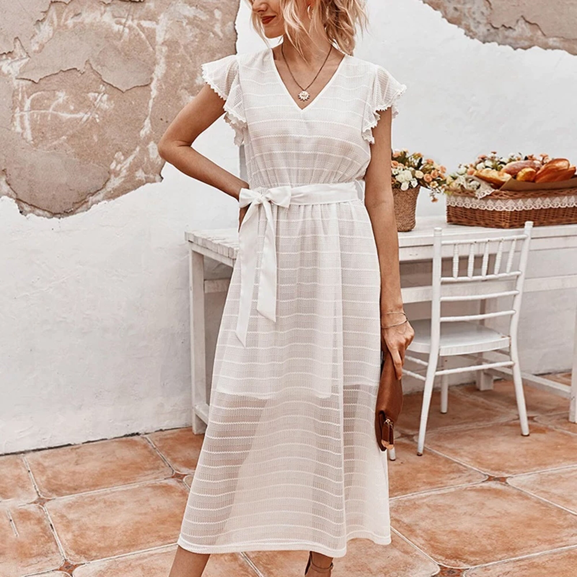 Dress Summer French Retro V Neck Ruffle Sleeve Dress Slim Etsy