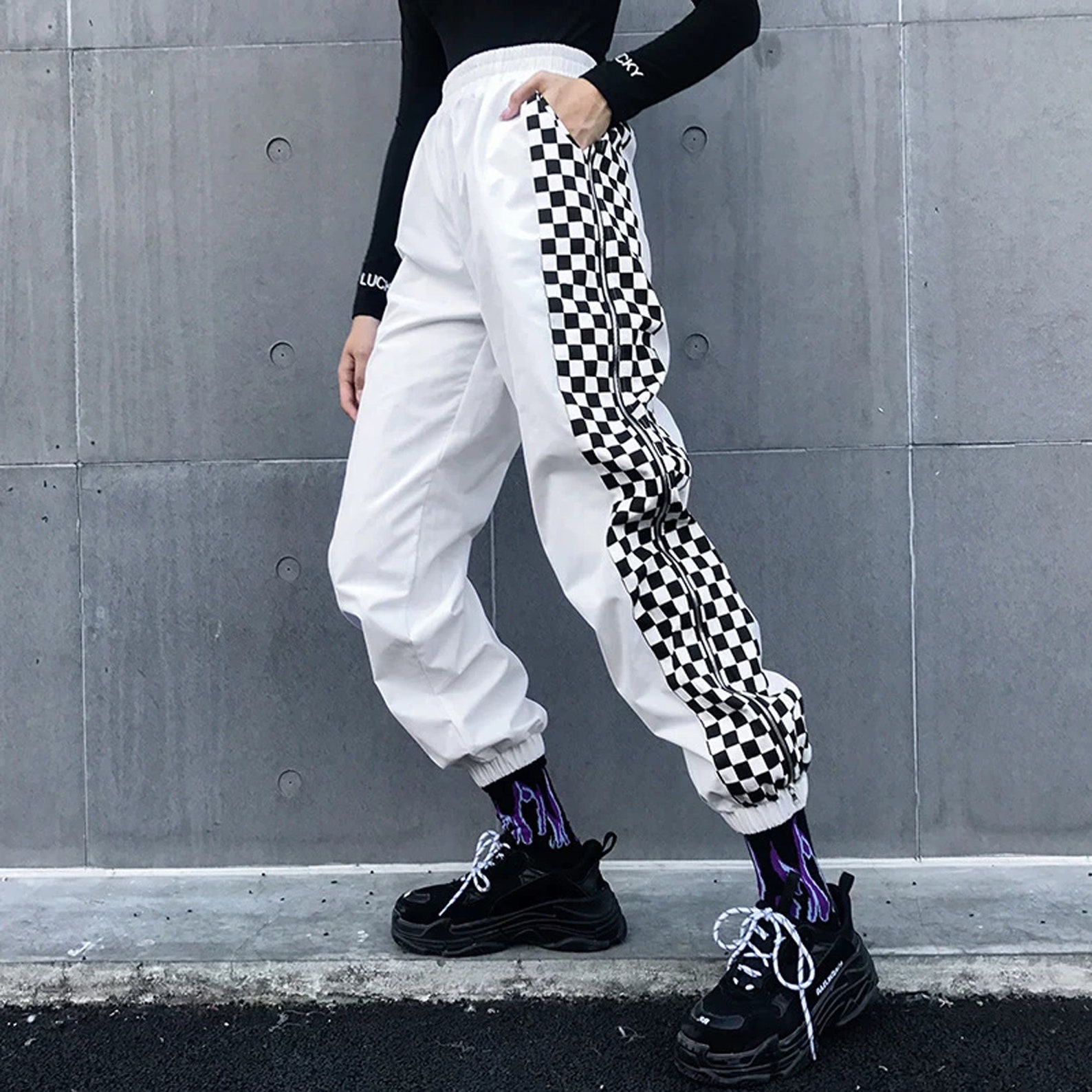 KPOP Style White Plaid Zipper Split Pants Women's Etsy