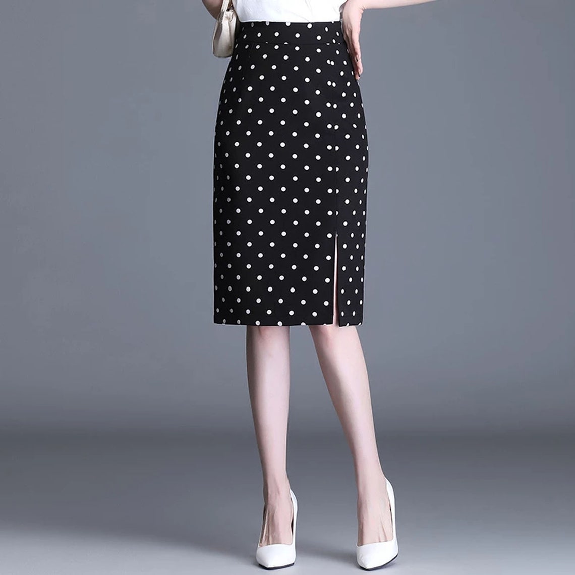 Below Knee Skirts Polka Dot Straight Skirts High Waist Mid Hip Etsy