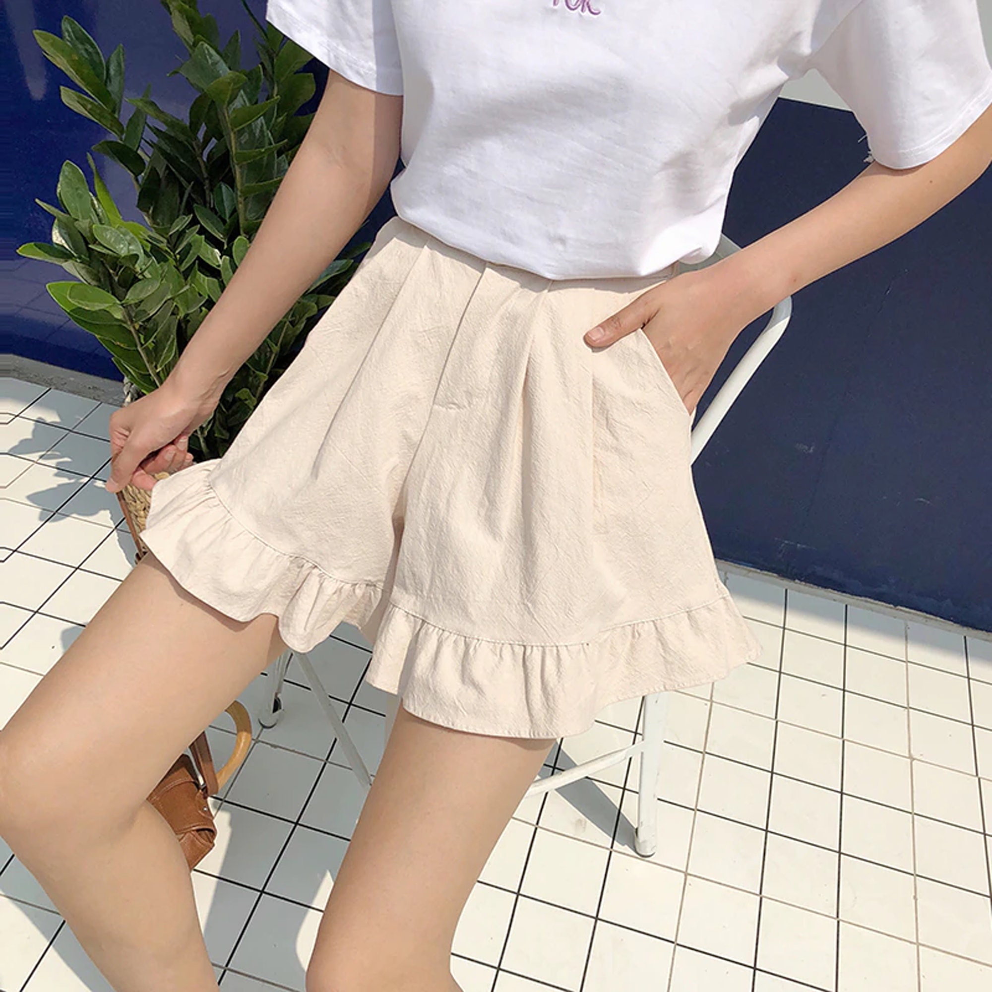 New Summer Cotton Linen Ruffled Shorts Women's Wide Leg Etsy