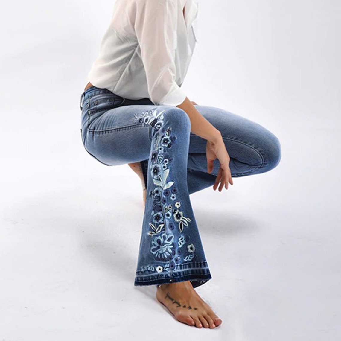 Embroidered Flowers Side Flare Style Women's Denim Jeans Etsy