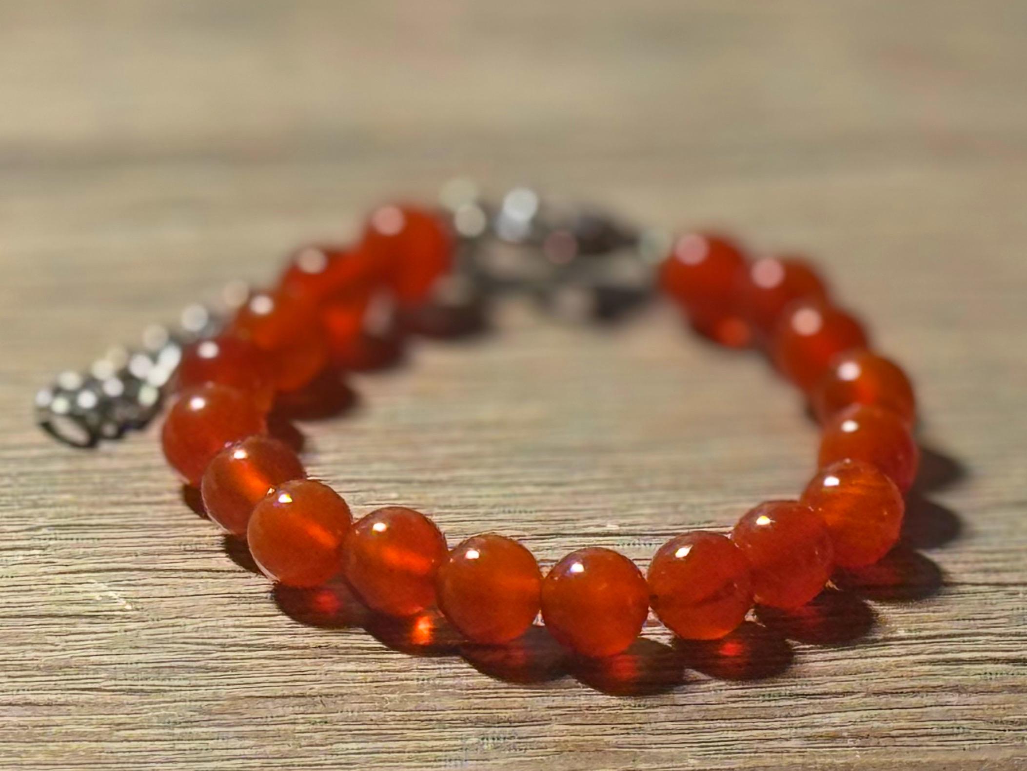Orange Agate Beaded Bracelet, Adjustable Stainless Steel Chain