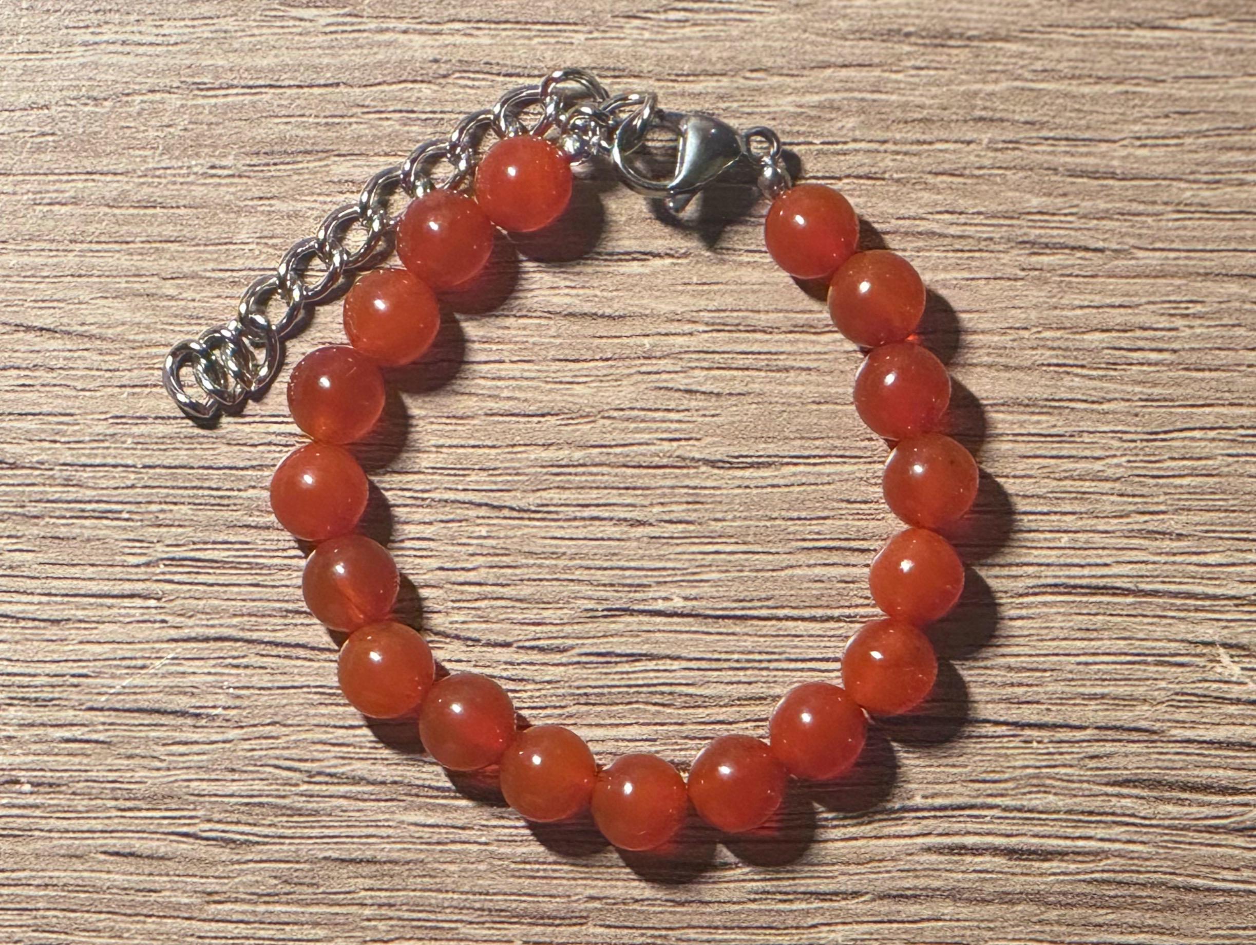 Orange Agate Beaded Bracelet, Adjustable Stainless Steel Chain - Thumbnail 2