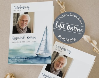 Watercolor Ocean Funeral Program Template for Man or Woman | Editable Photo Memorial Brochure | Printable Sailboat Church Service Obituary
