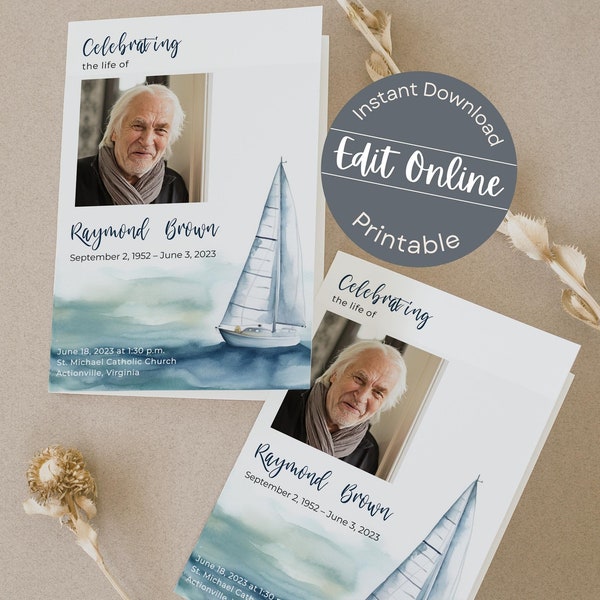 Watercolor Ocean Funeral Program Template for Man or Woman | Editable Photo Memorial Brochure | Printable Sailboat Church Service Obituary