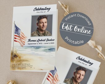 Watercolor American Flag Funeral Program Template (Digital Download)