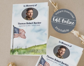 Watercolor American Flag Funeral Program Template (Digital Download)
