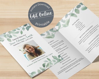 Può includere: Un programma funebre bianco con un design a foglia verde. Il programma include il nome Jane Eleanor Smith, le date dal 2 settembre 1950 al 3 giugno 2023 e il testo "Messa funebre per". È inclusa una foto di Jane. Il programma include anche il testo "Informazioni sul ricevimento", "Portatori della bara" e "Ringraziamenti".