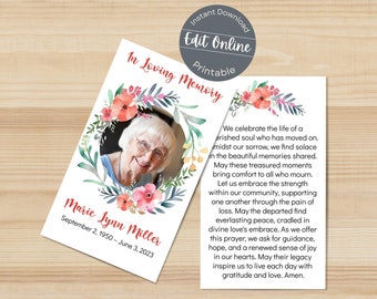 Watercolor Floral Wreath Funeral Prayer Card: Editable Memorial (Digital)