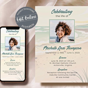 May include: A printable memorial service announcement with a beach background. The announcement features a photo of a woman and the text "Celebrating the life of Michelle Rose Thompson, September 2, 1982 - June 3, 2023". The announcement also includes details about the service and reception.