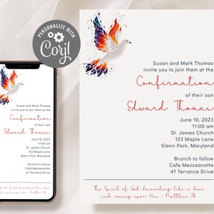 Dove Confirmation Invitation Template Editable Modern Boy Confirmation Invite Printable Digital Dove Girl Invitation Instant Download