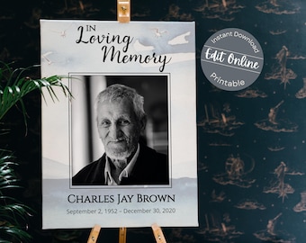 Nautical Ocean Funeral Welcome Sign Template | Custom Memorial Poster for Funeral | Personalized Seaside Photo Easel Display Sign