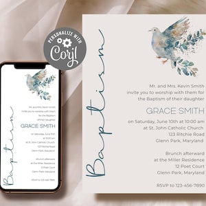 Op de afbeelding: Een doop uitnodiging met een aquarel ontwerp van een duif en bloemen. De uitnodiging is voor Grace Smith en bevat de datum, tijd en locatie van de ceremonie. Het bevat ook informatie over een brunch die daarna plaatsvindt.