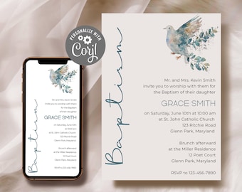 Watercolor Dove Baptism Invitation: Modern Christening Invite (Digital Download)
