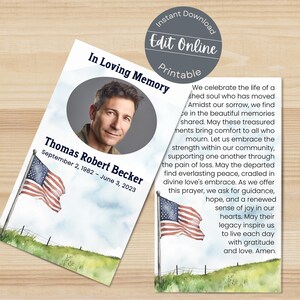 Modèle de carte de prière funéraire drapeau américain aquarelle | Prière patriotique numérique modifiable aux États-Unis | Carte de messe de l'église commémorative personnalisée imprimable